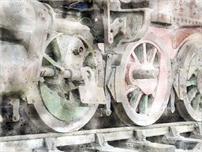 Watercolor image of the wheels of an steam locomotive on tracks with rust fading green and red