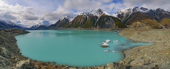 Panorama of Blue Lakes and Tasman Glacier, Mount Cook National Park, New Zealand, Oceania