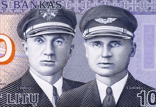 Aviators Steponas Darius (1896-1933) and Stasys Girenas (1893-1933) on 10 Litu 2007 Banknote from