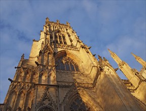 Side view of one of the towers at the front of york minster in sunlight against a blue cloudy sky