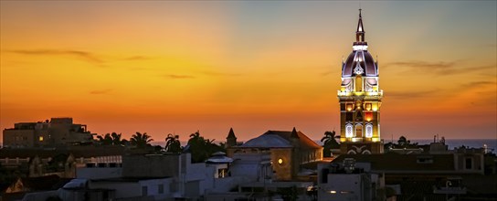 Wonderful view after sunset over Cartagena with illuminated Cartagena Cathedral against