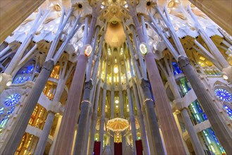 The interior of Sagrada Familia (Church of the Holy Family), the cathedral designed by Gaudi in