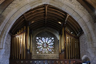 Stained glass window, organ, chapel, St Michaels Mount, Marazion, England, UK