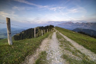 An impressive panorama of mountains with rocky peaks and dense forests under a cloudy sunset,