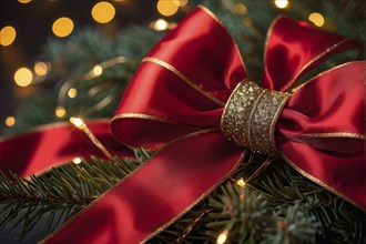 Christmas garland with gold and red ribbons intertwined with pine needles and tiny twinkling