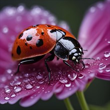 Ladybug crawling on a wet flower petal, with rain droplets, AI generated