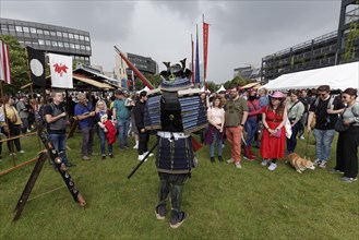 Man in samurai armour during a demonstration in front of spectators, Japan Day Düsseldorf, North