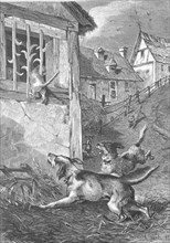 Wild hunt, the hounds chase a cat that escapes to safety through a window, Historical, digitally