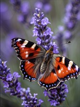 Butterfly resting on a blooming lavender plant, with its delicate wings fully spread and fine