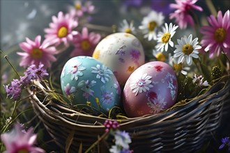 Pastel-colored Easter eggs in a wicker basket, surrounded by delicate spring flowers like daisies