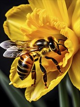 Honeybee collecting nectar from a vibrant yellow daffodil, showing intricate details of the flower