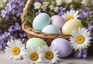 Pastel-colored Easter eggs in a wicker basket, surrounded by delicate spring flowers like daisies