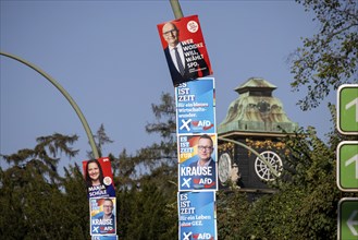 State election in Brandenburg 2024: parties canvass for votes on election posters. Potsdam,