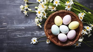 Pastel-colored Easter eggs in a wicker basket, surrounded by delicate spring flowers like daisies