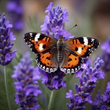 Butterfly resting on a blooming lavender plant, with its delicate wings fully spread and fine