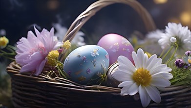 Pastel-colored Easter eggs in a wicker basket, surrounded by delicate spring flowers like daisies