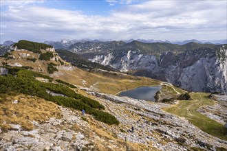 Lake Augstsee and the Atterkogel mountain on the Loser. View of other mountains. Autumn, good