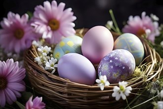 Pastel-colored Easter eggs in a wicker basket, surrounded by delicate spring flowers like daisies