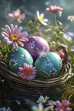 Pastel-colored Easter eggs in a wicker basket, surrounded by delicate spring flowers like daisies