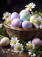 Pastel-colored Easter eggs in a wicker basket, surrounded by delicate spring flowers like daisies