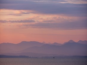 Small sailing boat on the Chiemsee in the morning light, behind the Chiemgau Alps, Chiemgau, Upper