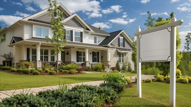 Blank real estate sign ready for your message in front of house. generative AI, AI generated