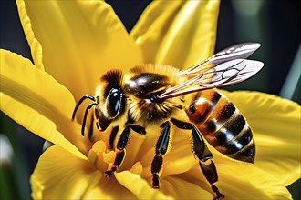 Honeybee collecting nectar from a vibrant yellow daffodil, showing intricate details of the flower