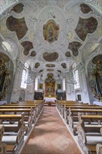 Magnificent church interior of the Maria Gern pilgrimage church in Baroque style, white and gold