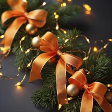 Christmas garland with gold and orange ribbons intertwined with pine needles and tiny twinkling