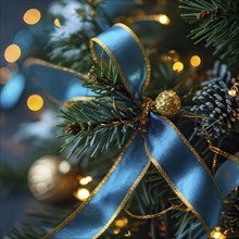 Christmas garland with gold and blue ribbons intertwined with pine needles and tiny twinkling