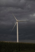 Adair, Iowa, A storm approaches wind turbines in western Iowa