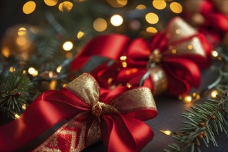 Christmas garland with gold and red ribbons intertwined with pine needles and tiny twinkling