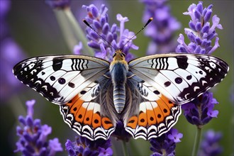 Butterfly resting on a blooming lavender plant, with its delicate wings fully spread and fine