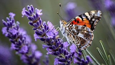 Butterfly resting on a blooming lavender plant, with its delicate wings fully spread and fine