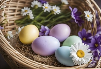 Pastel-colored Easter eggs in a wicker basket, surrounded by delicate spring flowers like daisies