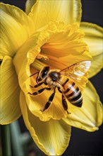 Honeybee collecting nectar from a vibrant yellow daffodil, showing intricate details of the flower