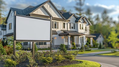 Blank real estate sign ready for your message in front of house or office. generative AI, AI