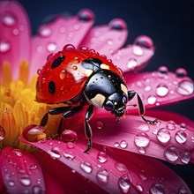 Ladybug crawling on a wet flower petal, with rain droplets, AI generated