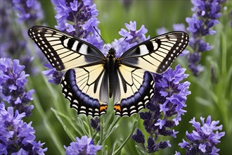 Butterfly resting on a blooming lavender plant, with its delicate wings fully spread and fine