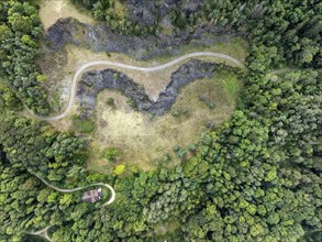 Aerial photograph, top view, top down view of the former basalt quarry at the foot of the