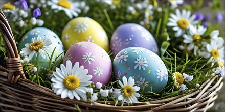 Pastel-colored Easter eggs in a wicker basket, surrounded by delicate spring flowers like daisies