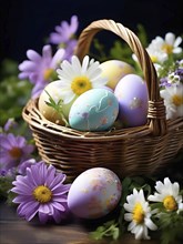 Pastel-colored Easter eggs in a wicker basket, surrounded by delicate spring flowers like daisies