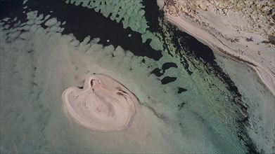 Drone image, aerial view of a small sandbank in clear, turquoise-coloured water, Gramvoussa,