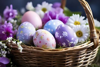 Pastel-colored Easter eggs in a wicker basket, surrounded by delicate spring flowers like daisies