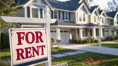 Home for rent real estate sign in front of house. generative AI, AI generated