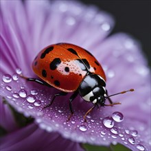 Ladybug crawling on a wet flower petal, with rain droplets, AI generated