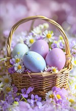 Pastel-colored Easter eggs in a wicker basket, surrounded by delicate spring flowers like daisies