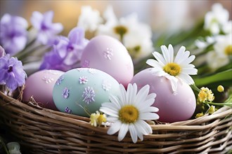 Pastel-colored Easter eggs in a wicker basket, surrounded by delicate spring flowers like daisies