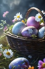 Pastel-colored Easter eggs in a wicker basket, surrounded by delicate spring flowers like daisies