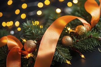 Christmas garland with gold and orange ribbons intertwined with pine needles and tiny twinkling